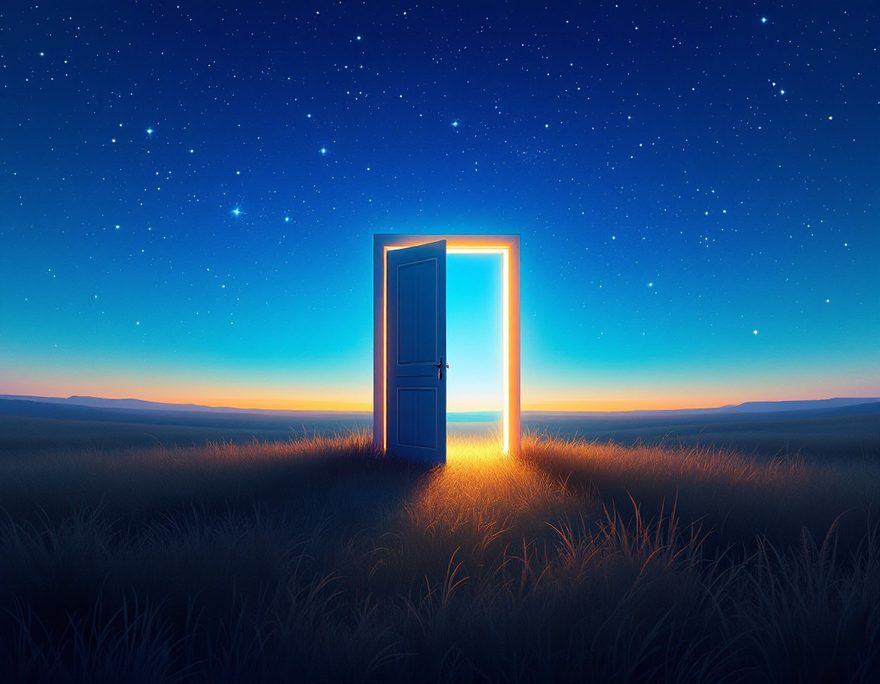 A door wide open in a field at dawn under a sky full of stars