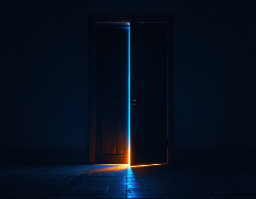 A door open just a crack in a dark blue room, warm light finding the floor